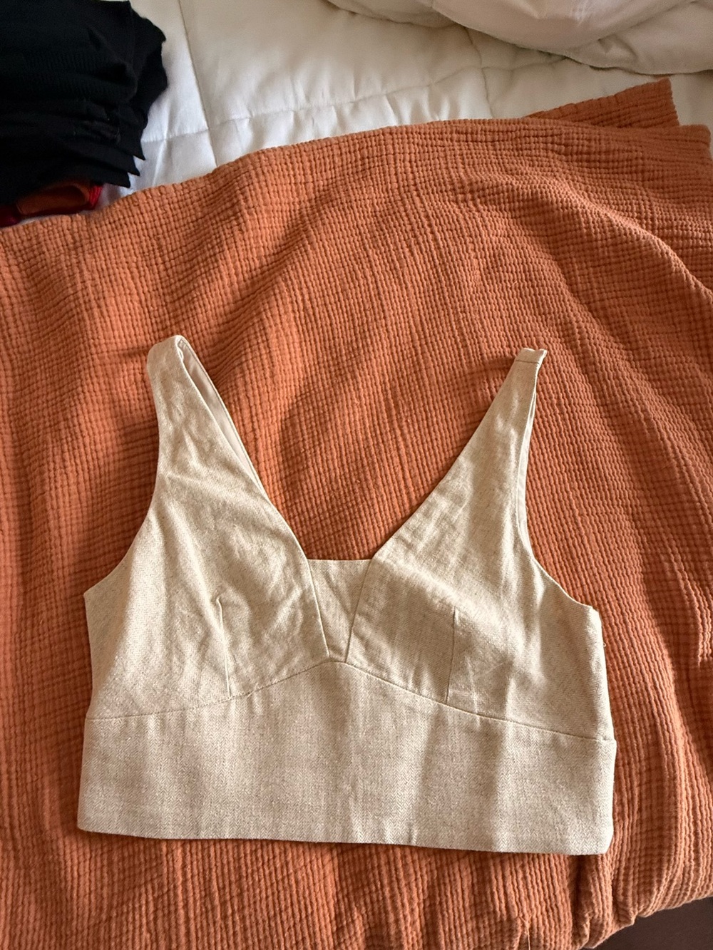 Beige Linen V-Neck Crop Top